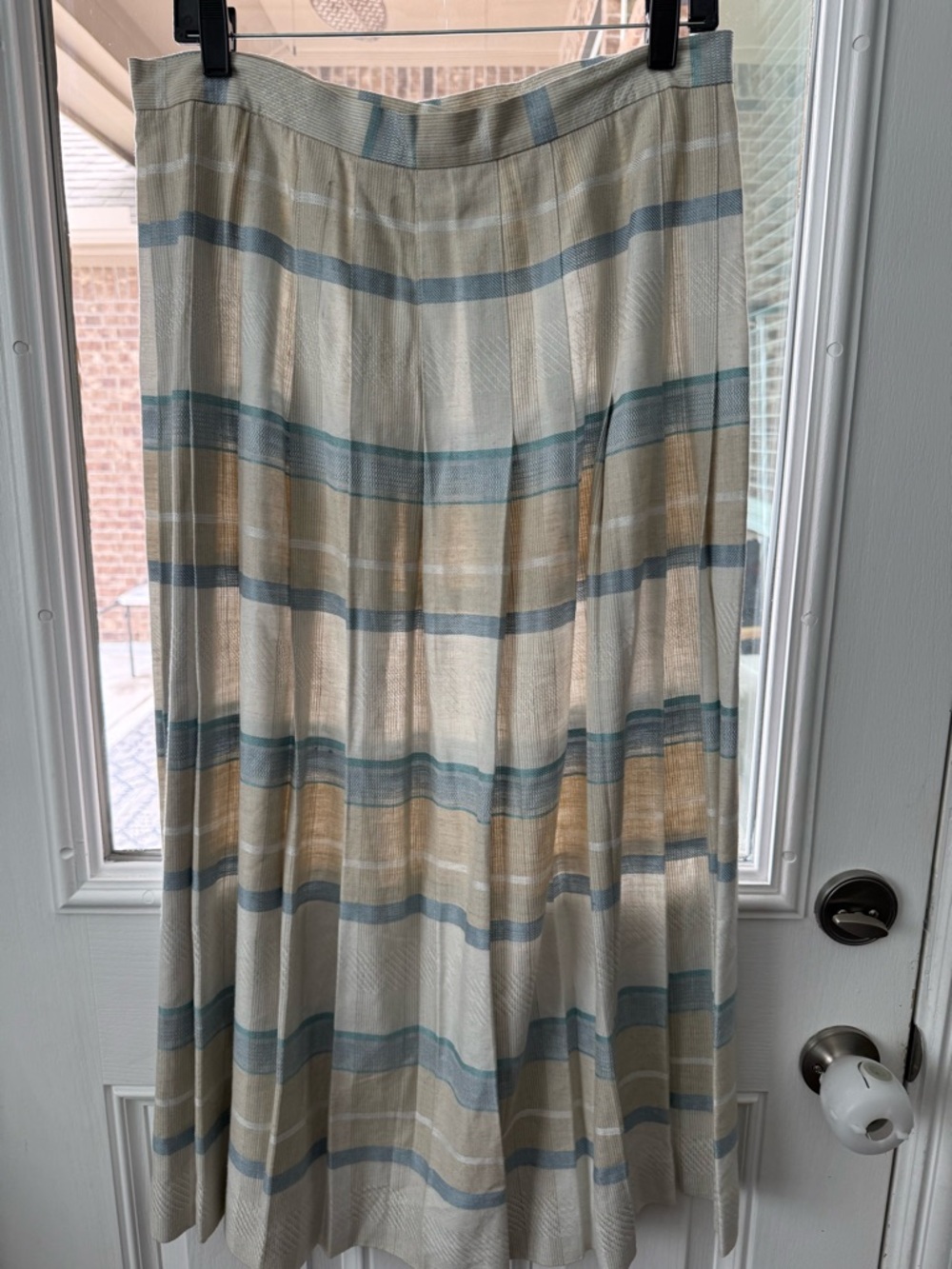 Women’s Pleated Midi Skirt in Beige and Blue Stripes